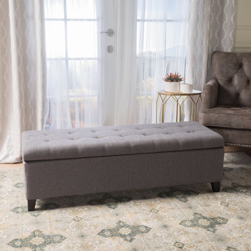 Gray Tufted Fabric Storage Ottoman with Dark Brown Legs