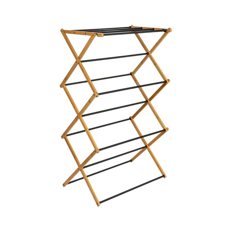 Compact Bamboo and Black Folding Clothes Drying Rack