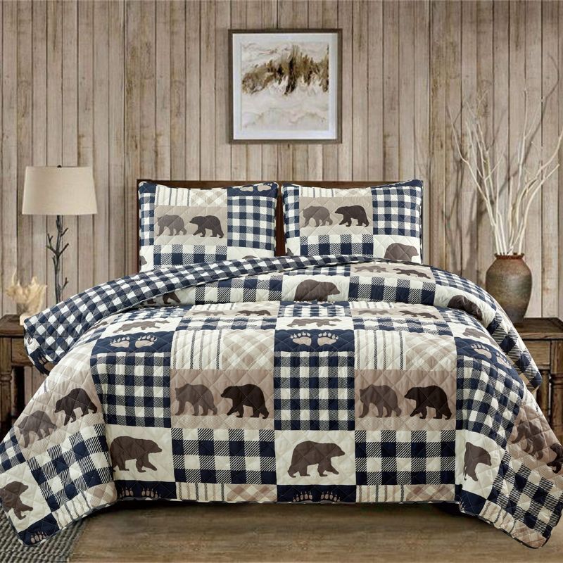 Navy Twin Reversible Microfiber Bear Lodge Quilt Set