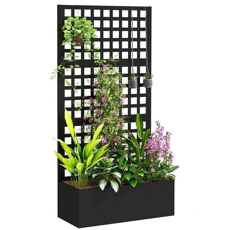 Black Galvanized Steel Raised Garden Bed with Trellis, 35" x 16" x 70"