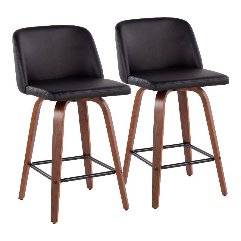 Set of 2 Black Faux Leather and Walnut Wood Swivel Barstools