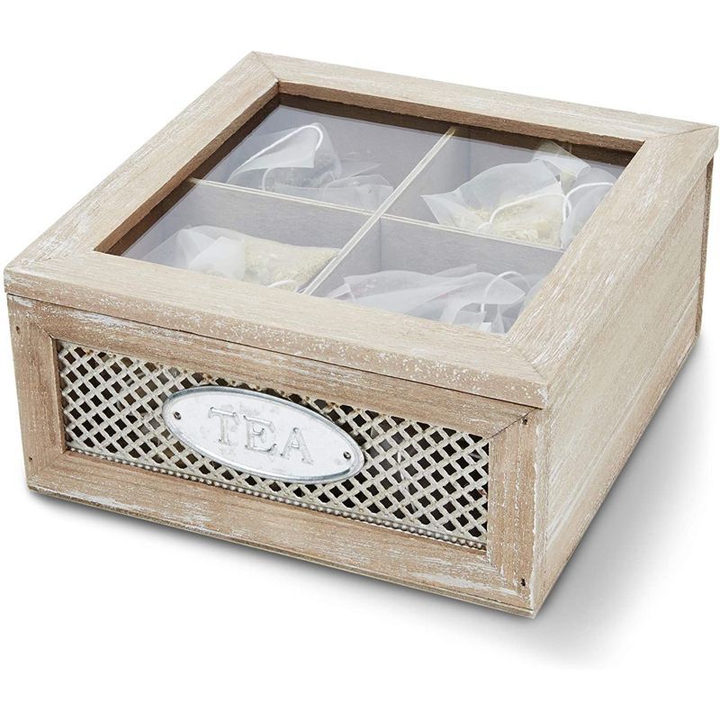 Rustic Light Brown Wooden Tea Bag Organizer with Clear Lid