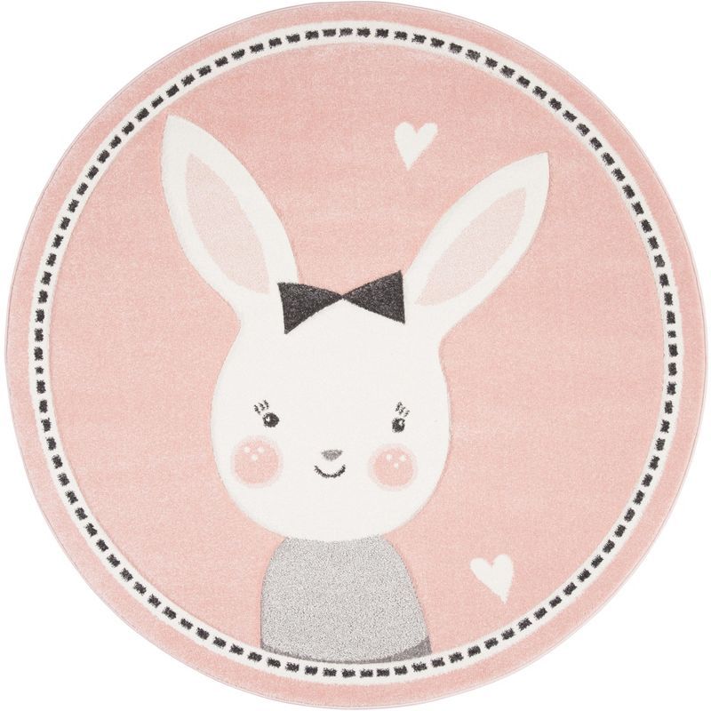 Enchanted Ivory Pink Round Synthetic Kids Play Rug - 5'3"