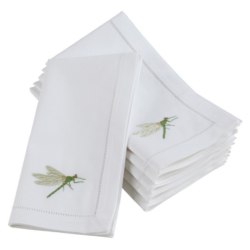 White Cotton Table Napkins with Embroidered Dragonfly Design, Set of 6