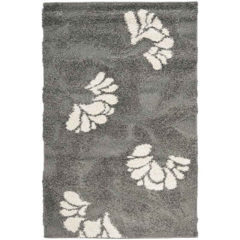 Grey and Beige Floral Shag Synthetic Area Rug