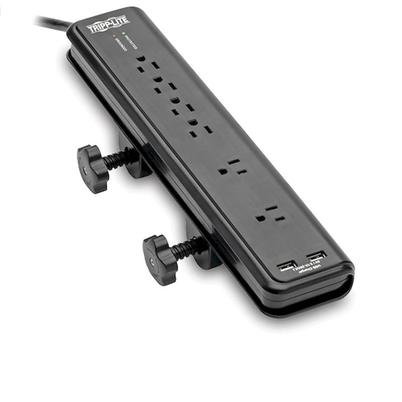 Black 6-Outlet Surge Protector with USB Ports and Clamps