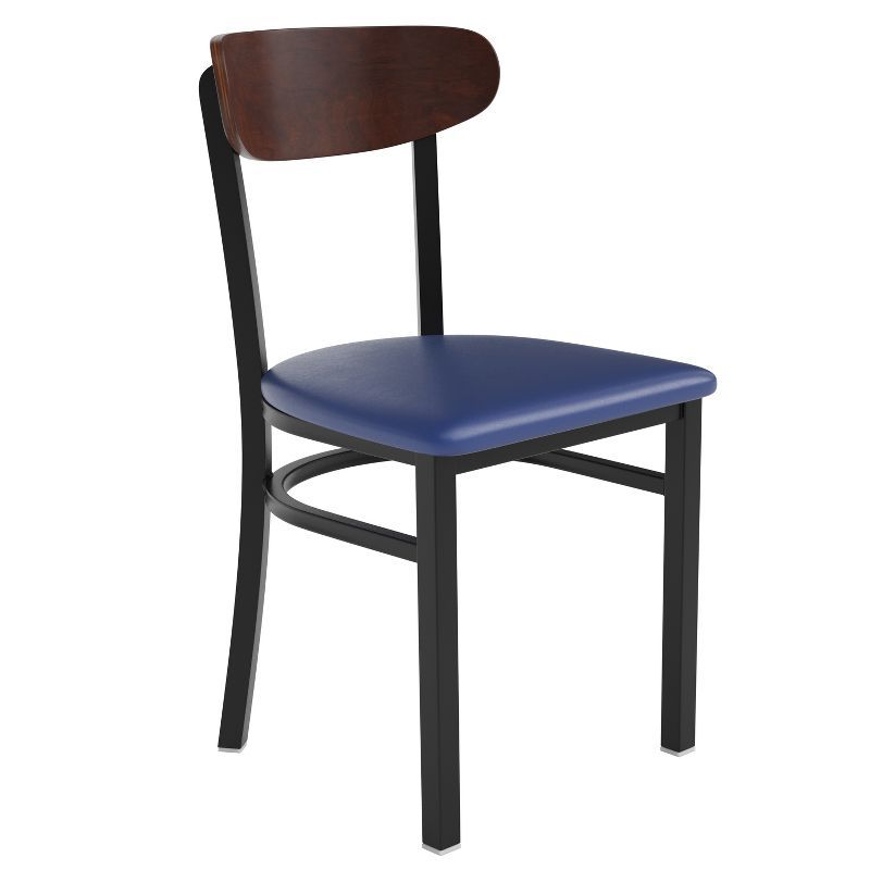 Modern Walnut Wood and Blue Vinyl Upholstered Dining Chair