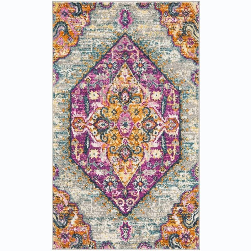 Light Grey and Fuchsia Synthetic Bohemian Area Rug