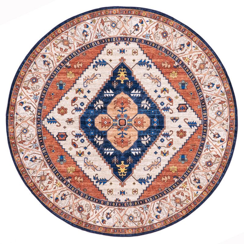 6' Round Red and Blue Oriental Synthetic Area Rug