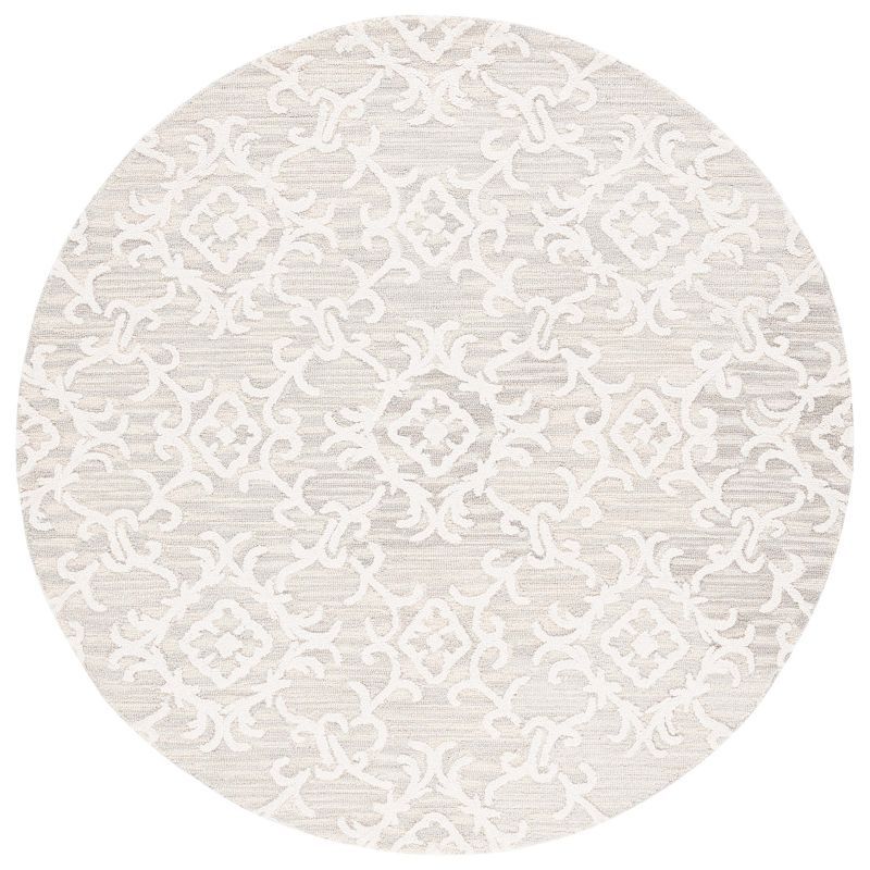 Gray Floral Handmade Wool Round Area Rug