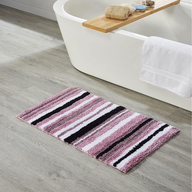 Eggplant Purple and White Striped Polyester Bath Rug Set