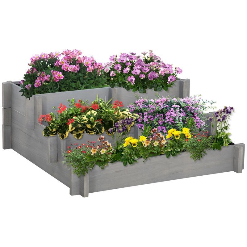 Gray 3-Tier Raised Garden Bed for Outdoor Plants