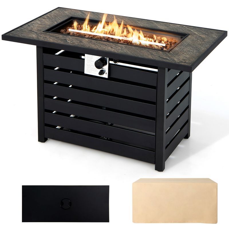 Black Rectangular Gas Fire Pit Table with Lava Rocks and Cover