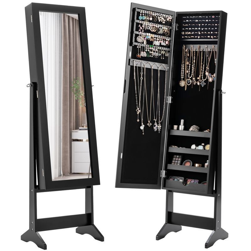 Brown Freestanding MDF Jewelry Cabinet with Mirror and Storage