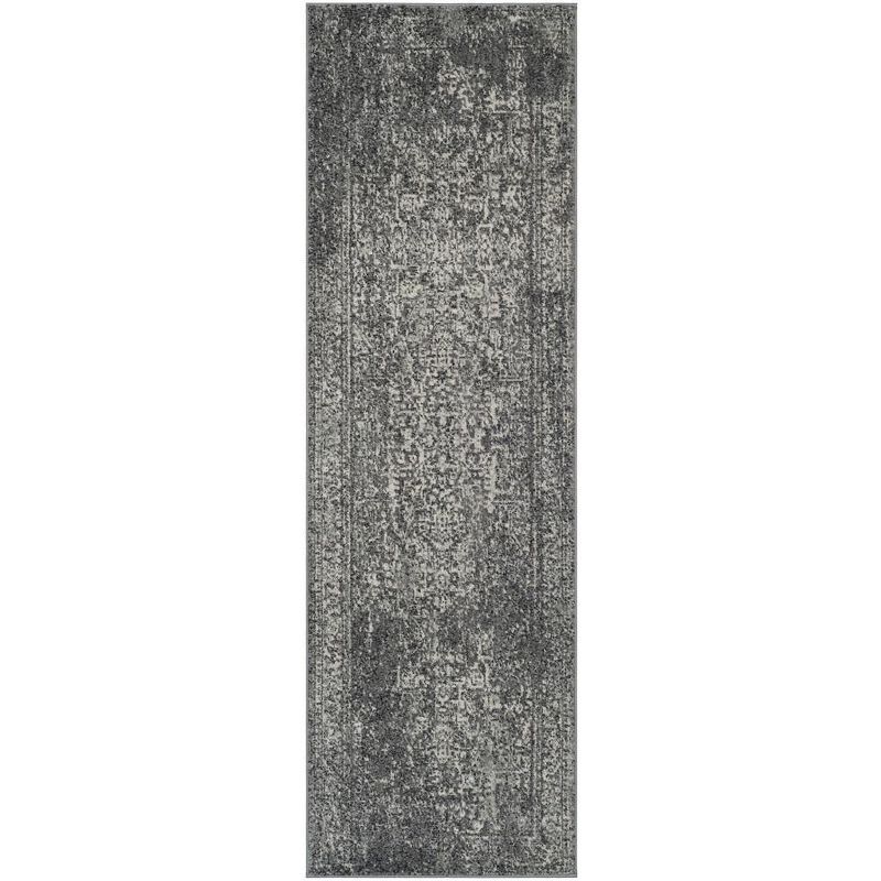 Grey and Ivory Floral Motif Synthetic Runner Rug