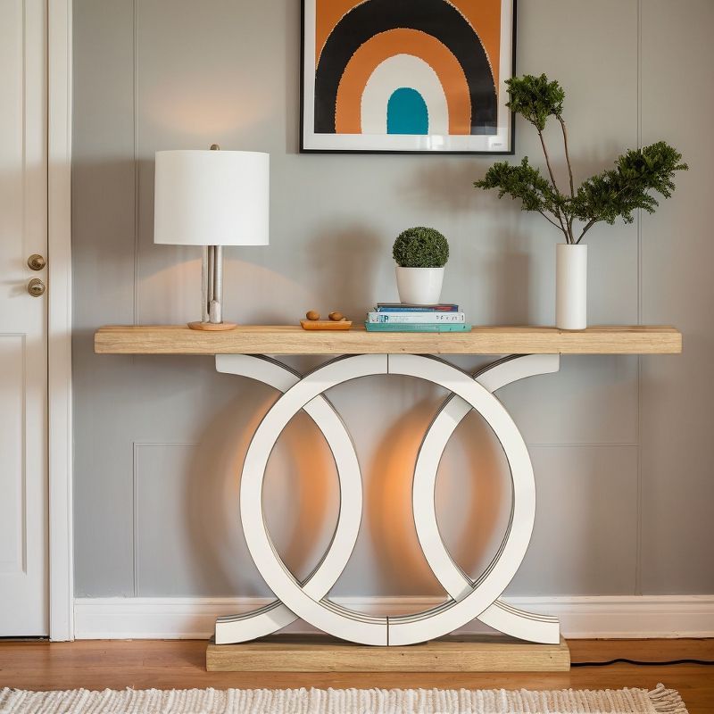 White and Natural Wood 55" Console Table with Geometric Base