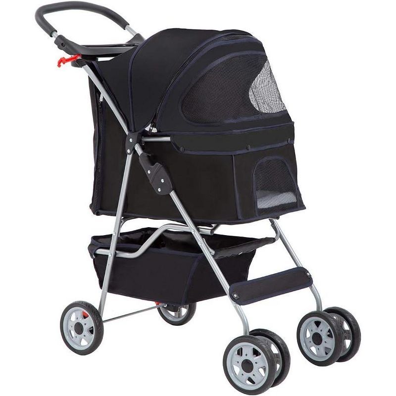 Black 4-Wheeled Folding Pet Stroller with Mesh Windows