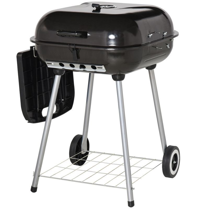 Portable Black Charcoal Grill with Smoker and Shelves