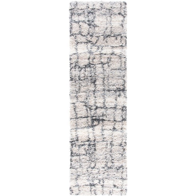 Ivory and Grey Hand-knotted Shag Runner Rug