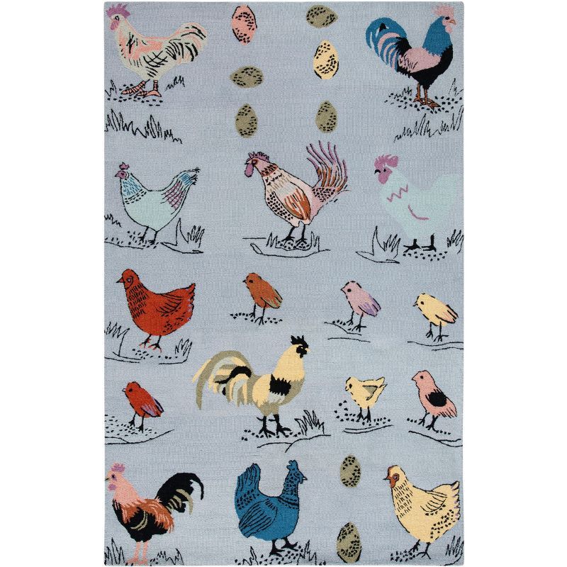 Blue Hand Tufted Wool Rectangular Area Rug with Rooster Design