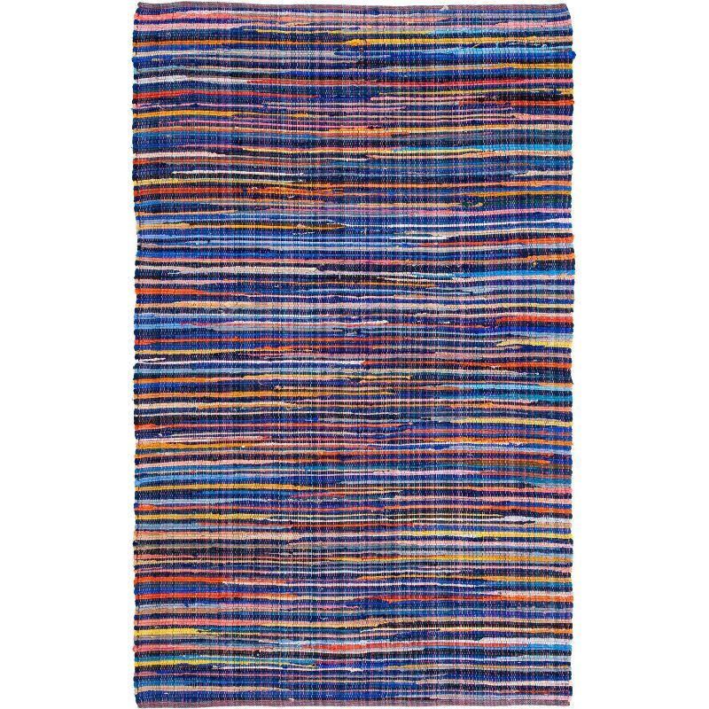 Hand-Woven Striped Blue and Multi Cotton Area Rug, 5' x 8'