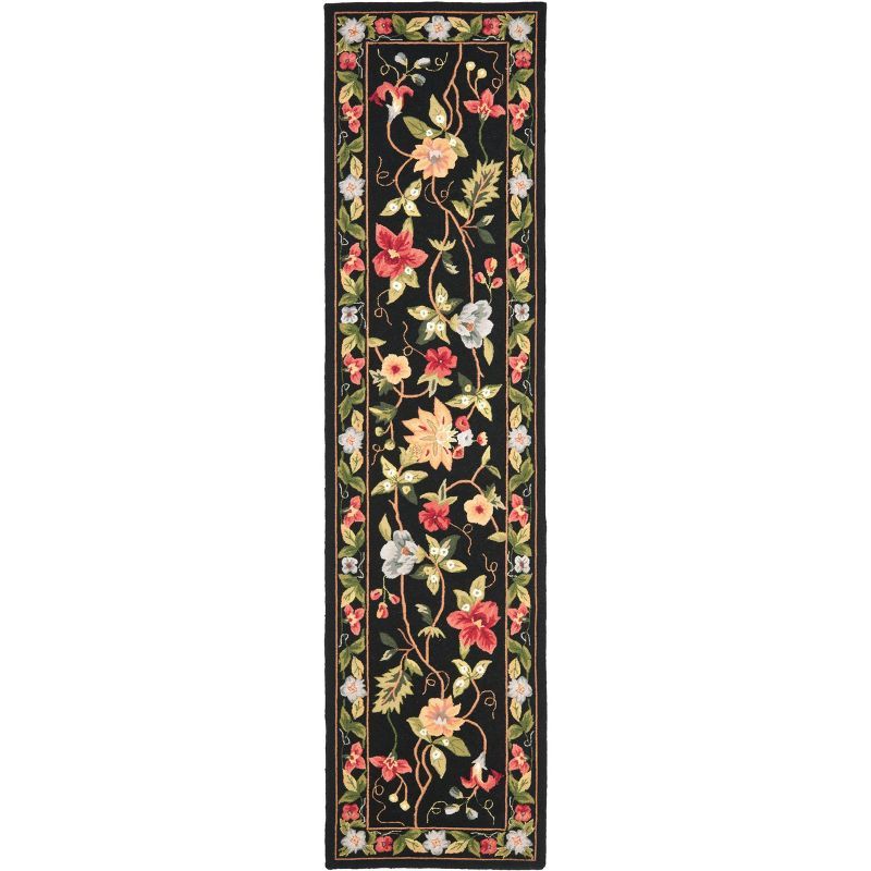 Black Floral Handmade Wool and Cotton Runner Rug