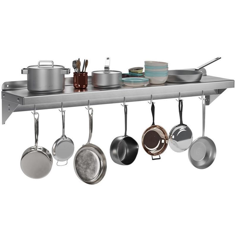 Stainless Steel Wall Mount Kitchen Shelf with Hooks, 12" x 60"