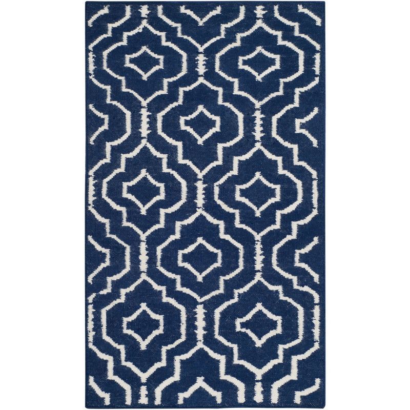 Navy and Ivory Geometric Wool Flat Woven Area Rug