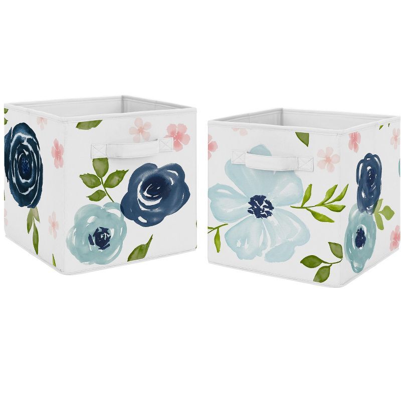 Navy Blue and Pink Watercolor Floral Fabric Storage Cube Set