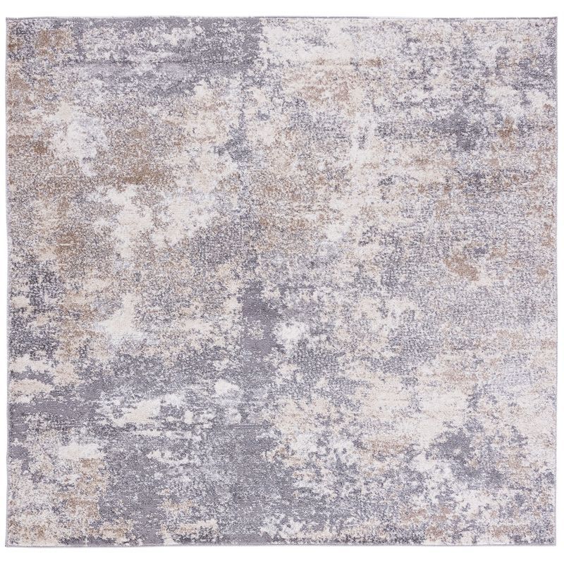 Gray Abstract Hand-Knotted Square Synthetic Rug