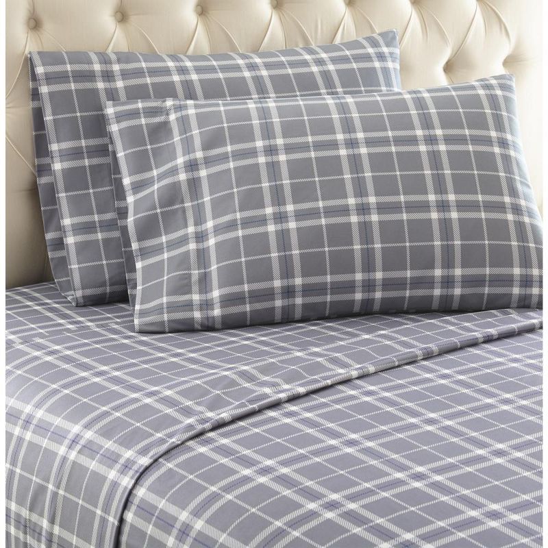 Twin Gray Plaid Cotton and Polyester Flannel Sheet Set