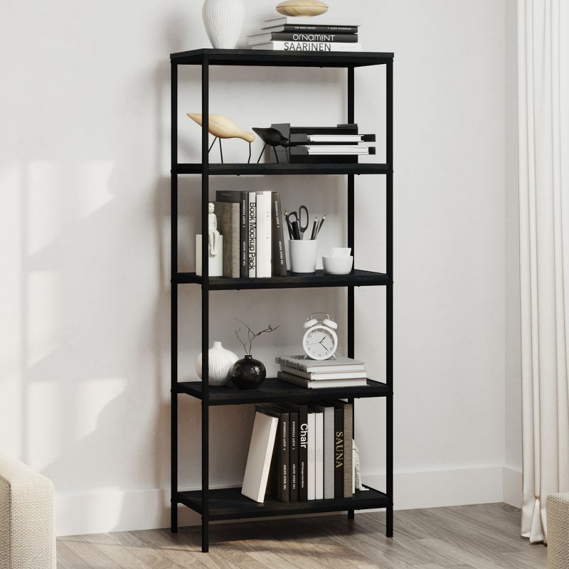 Industrial 59" Black Woodgrain 5-Tier Bookshelf for Chic Display