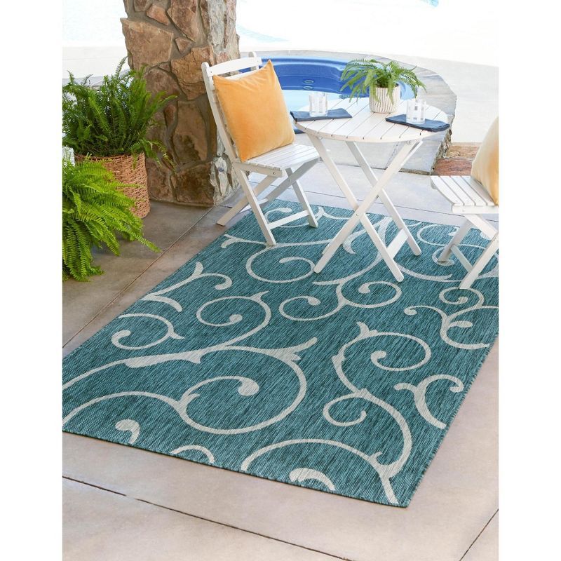 Teal and Ivory Rectangular Synthetic Outdoor Area Rug, 6' x 9'