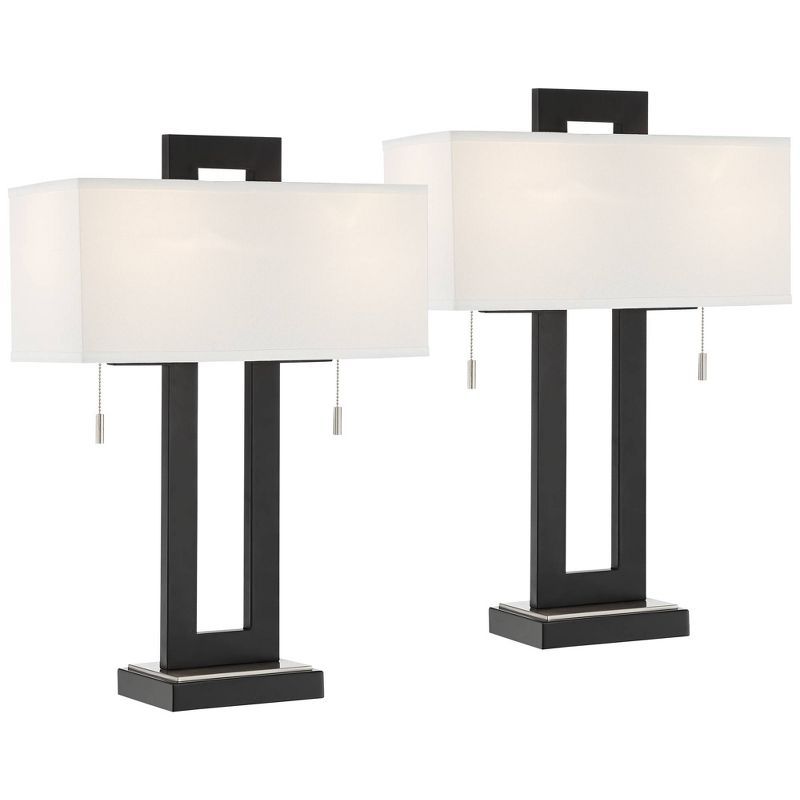 Black Metal USB Table Lamps Set with White Shades