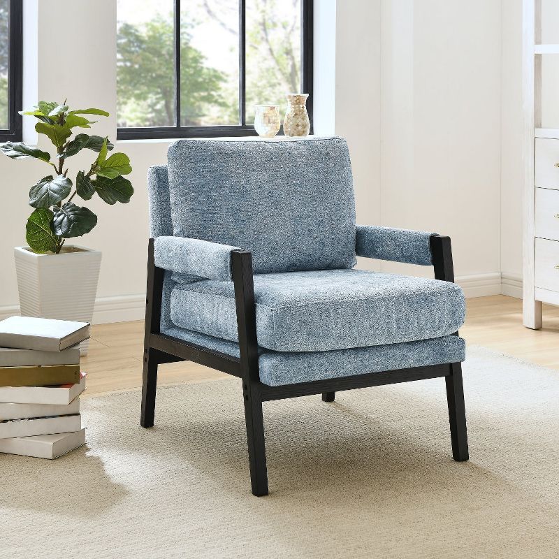 Blue Velvet Barrel Accent Chair with Wood Frame