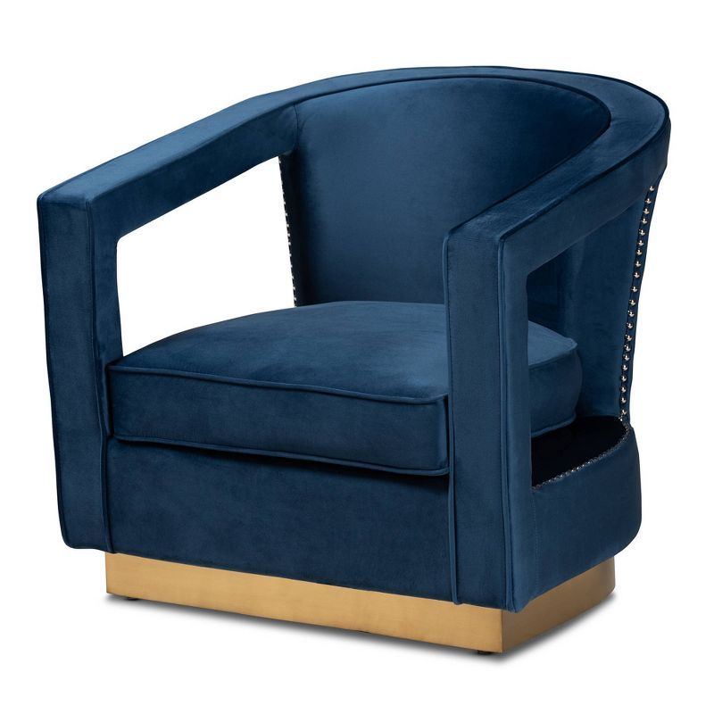 Neville Navy Blue Velvet Barrel Accent Chair with Gold Base