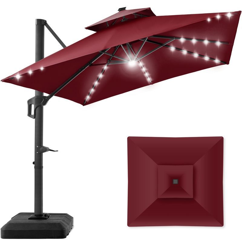 Burgundy 10x10ft 2-Tier Solar LED Cantilever Patio Umbrella with Base