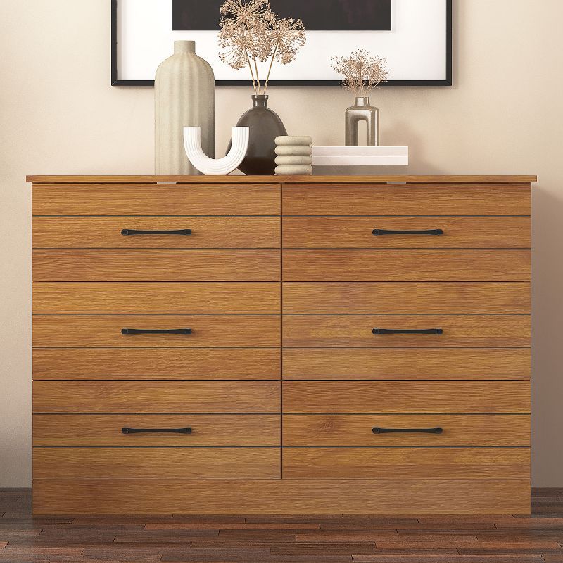 Elis Amber Walnut 6-Drawer Wide Dresser with Black Handles