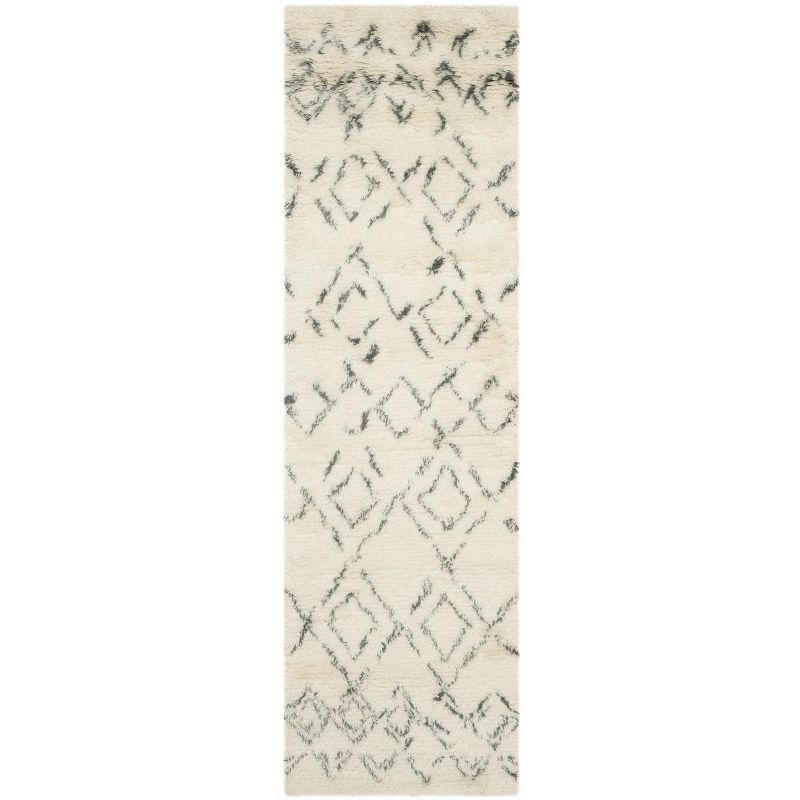 Ivory and Dark Brown Hand-Tufted Wool Shag Area Rug