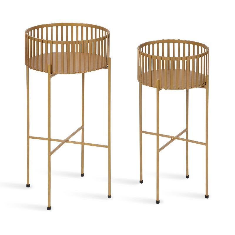 Gold Metal Slatted Two-Piece Plant Stand Set