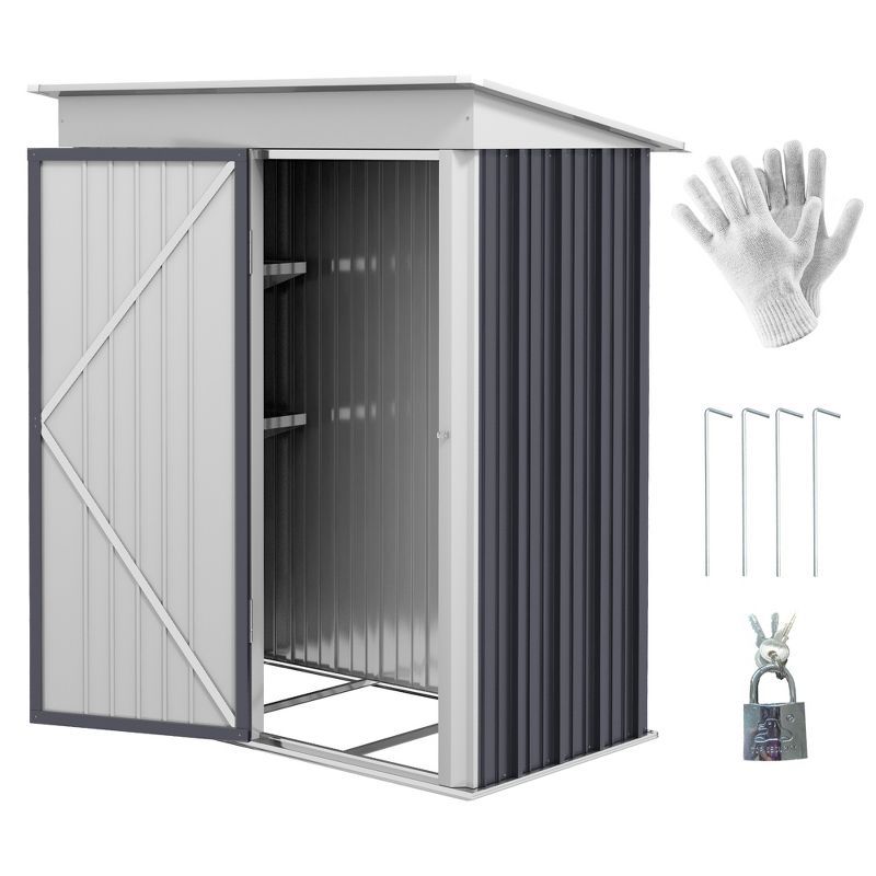 Dark Gray Metal Outdoor Storage Shed with Shelving