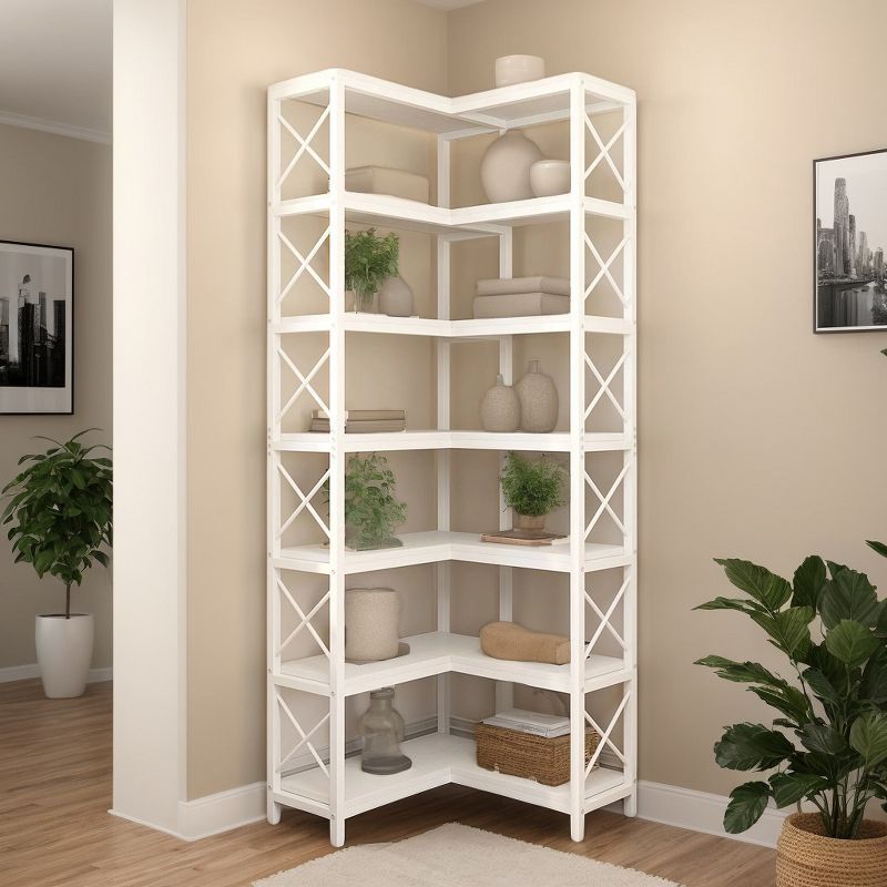 White 7-Tier Adjustable Corner Bookshelf with Metal Frame