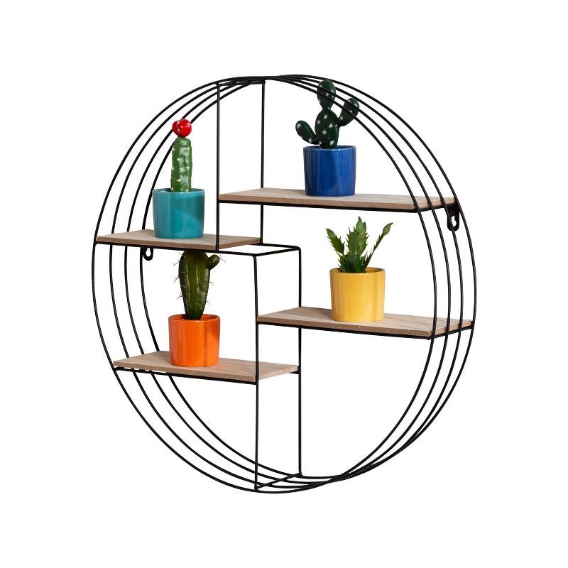 Black Round Steel and Wood Wall Display Shelf