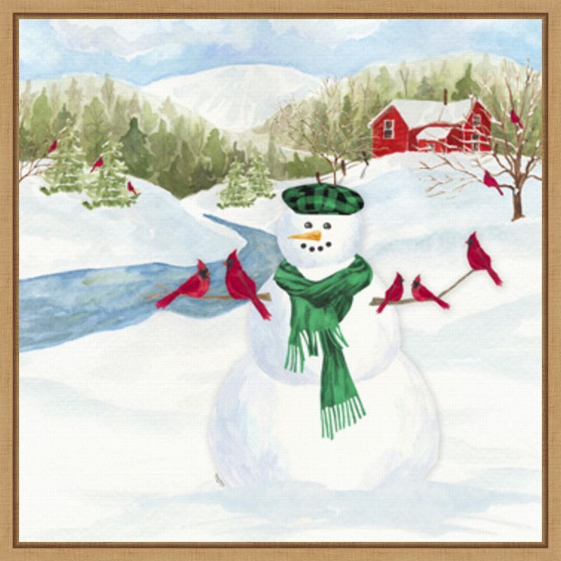 Snowman and Cardinals Christmas Canvas Wall Art, 22 x 22 inches