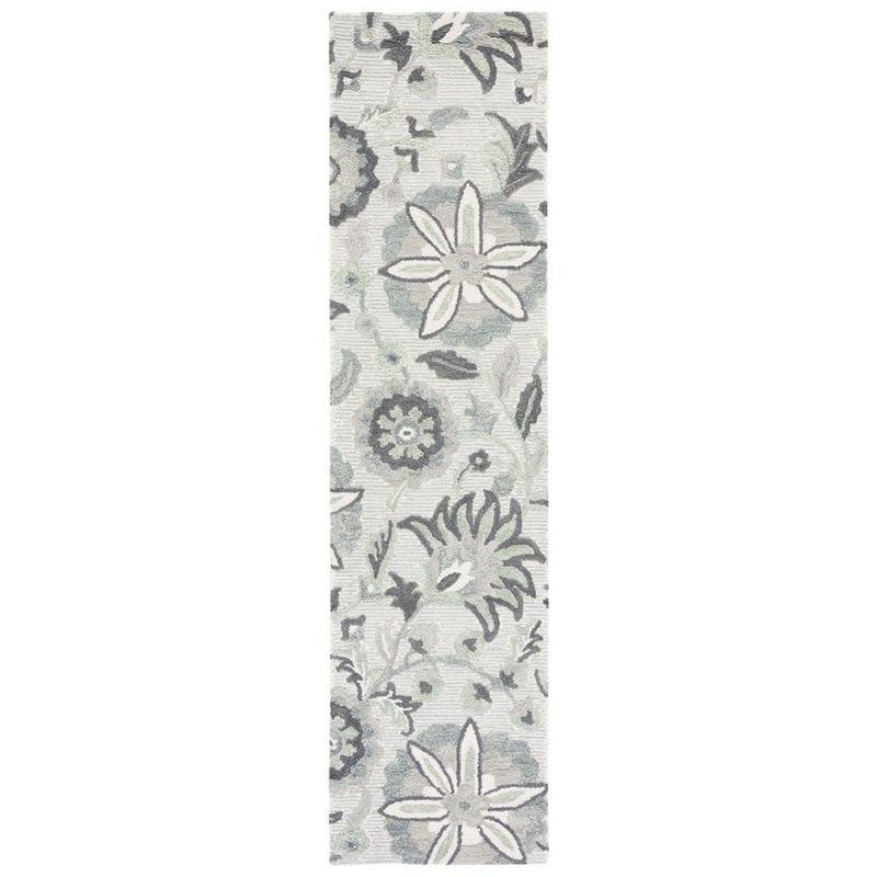 Handmade Ivory & Blue Floral Wool Runner Rug - 27"x8"