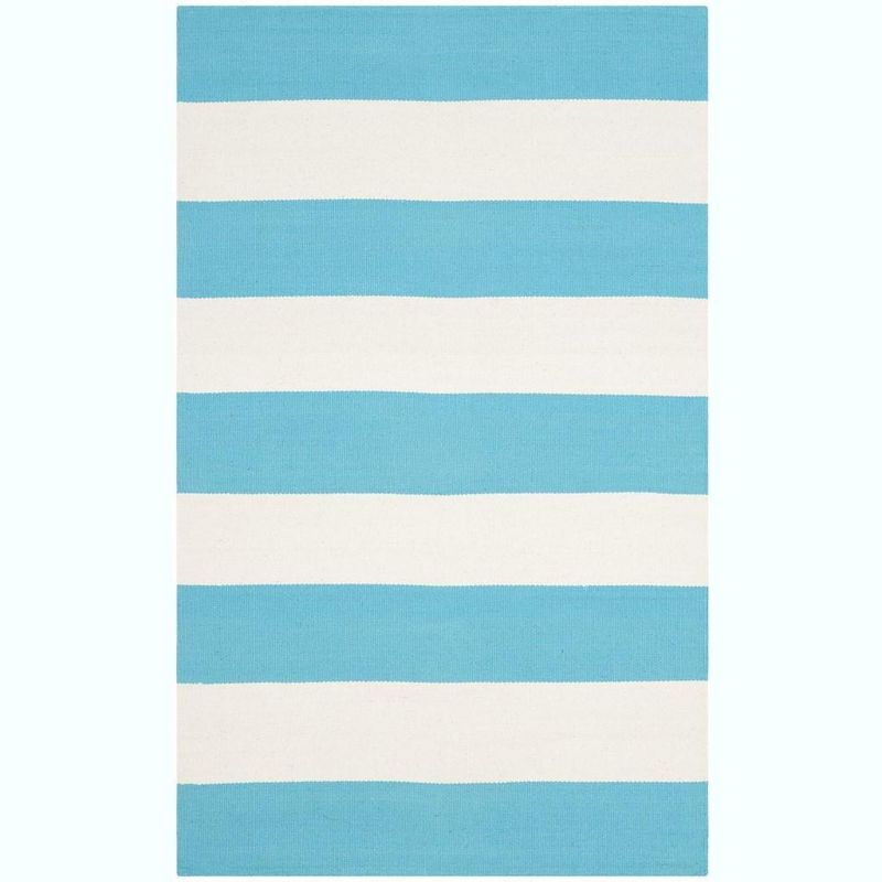 Turquoise and Ivory Striped Handwoven Cotton Area Rug