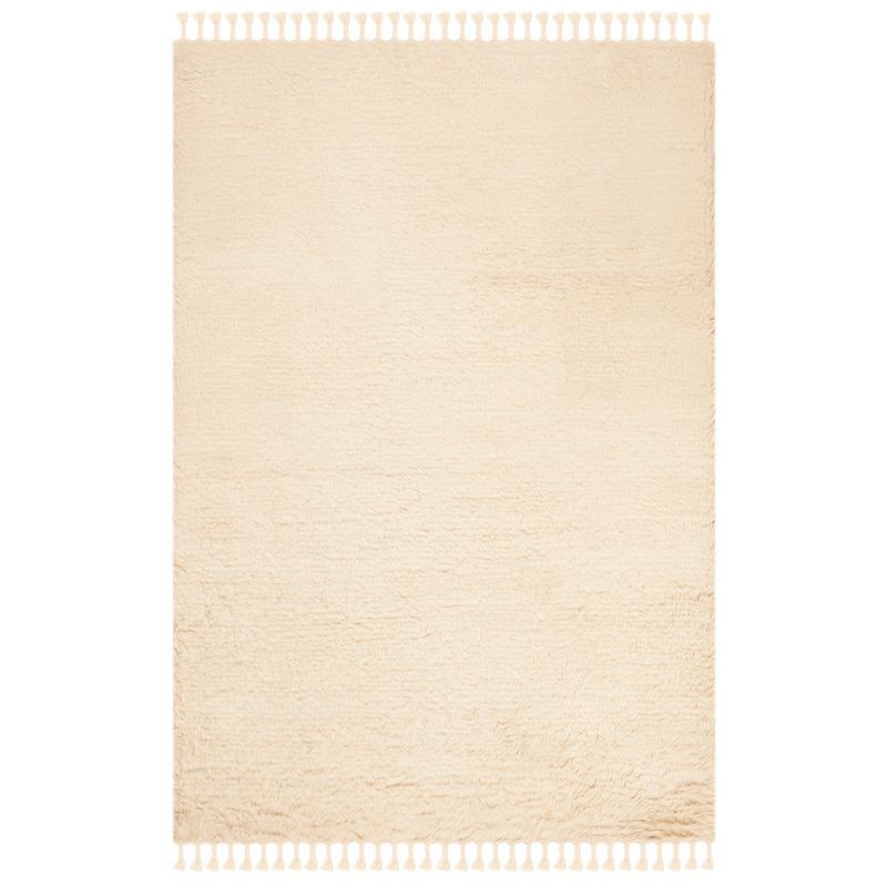 Scandinavian Beige Hand-Knotted Wool Shag Rug with Fringe, 4' x 6'