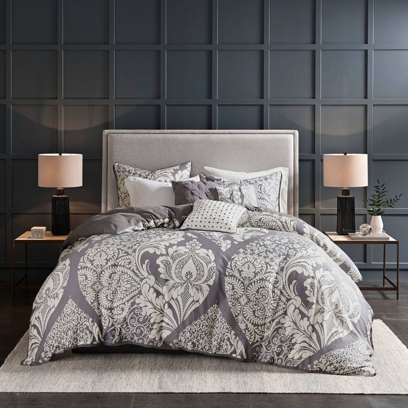 Gray Cotton Sateen Damask 6-Piece Duvet Cover Set