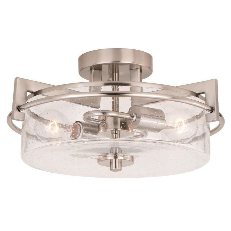 Satin Nickel 15" Drum Ceiling Light with Seeded Glass