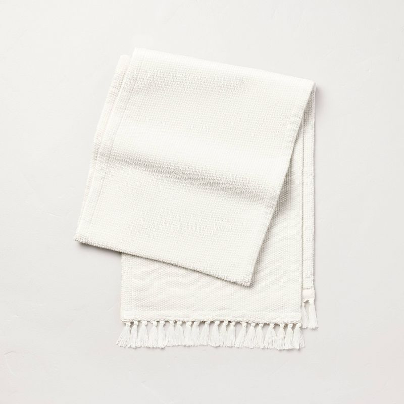 Cream Cotton Pebble Textured Woven Table Runner with Fringes